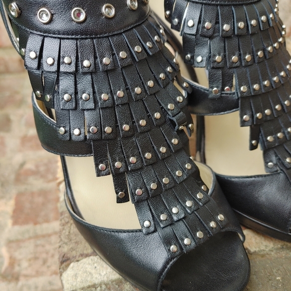 JIMMY CHOO BLACK LEATHER STUDDED FRINGE PLATFORM SANDALS, 39 - Picture 6 of 16